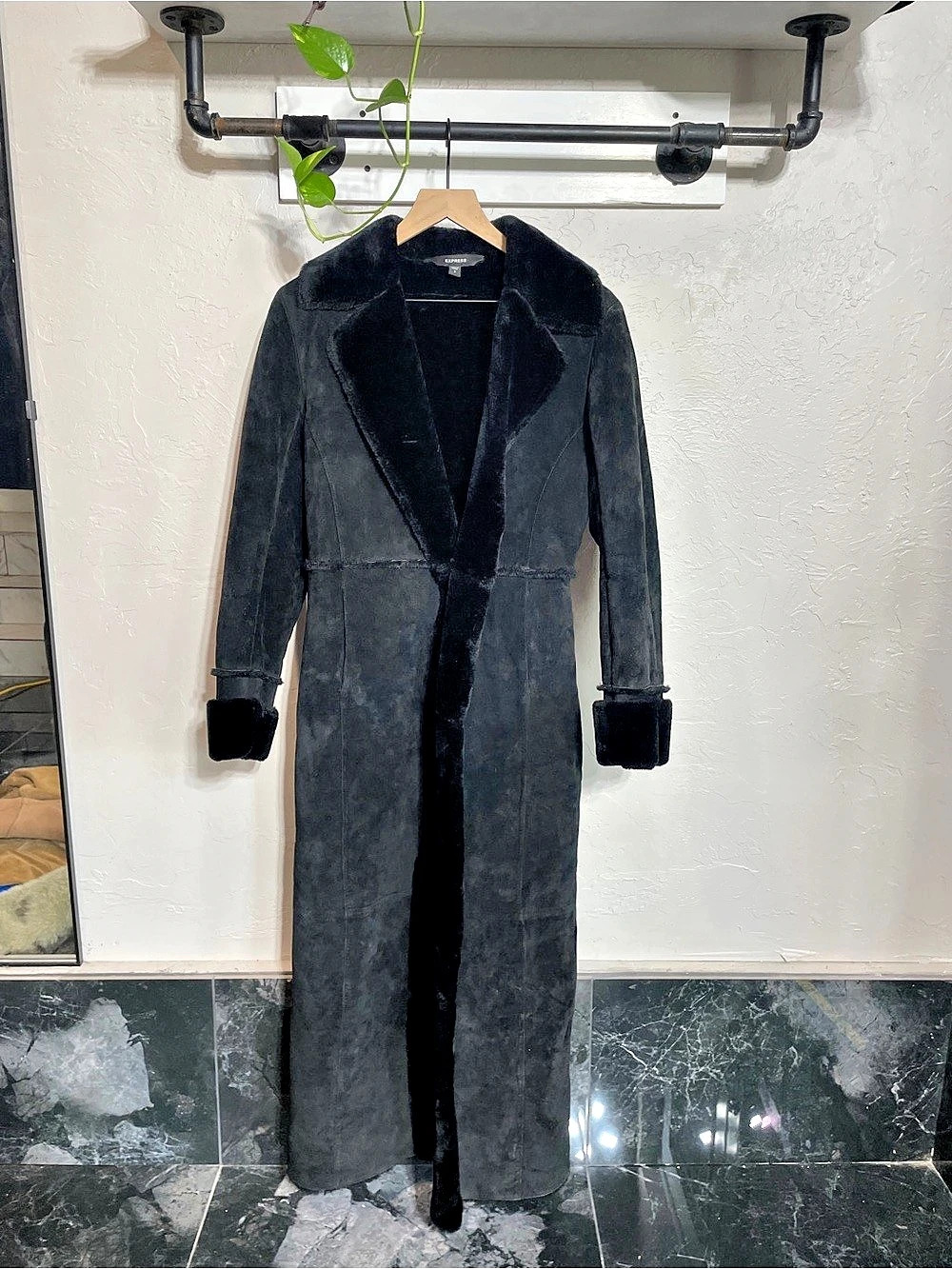 Vintage Express Black Leather Suede Faux Fur Lined Penny Kane Long Coat, Size S